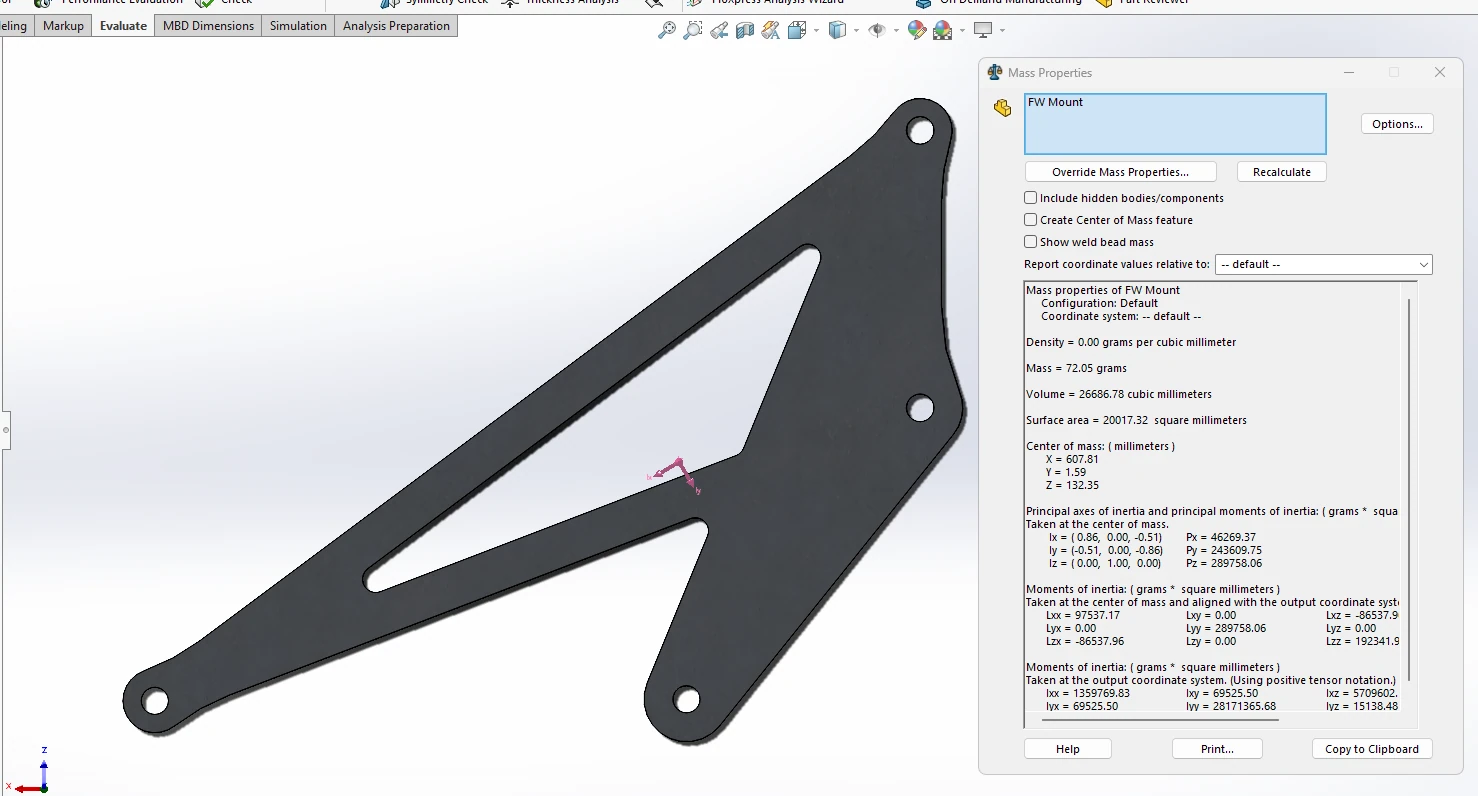 2025 Formula SAE front wing mount baseline CAD and mass properties
