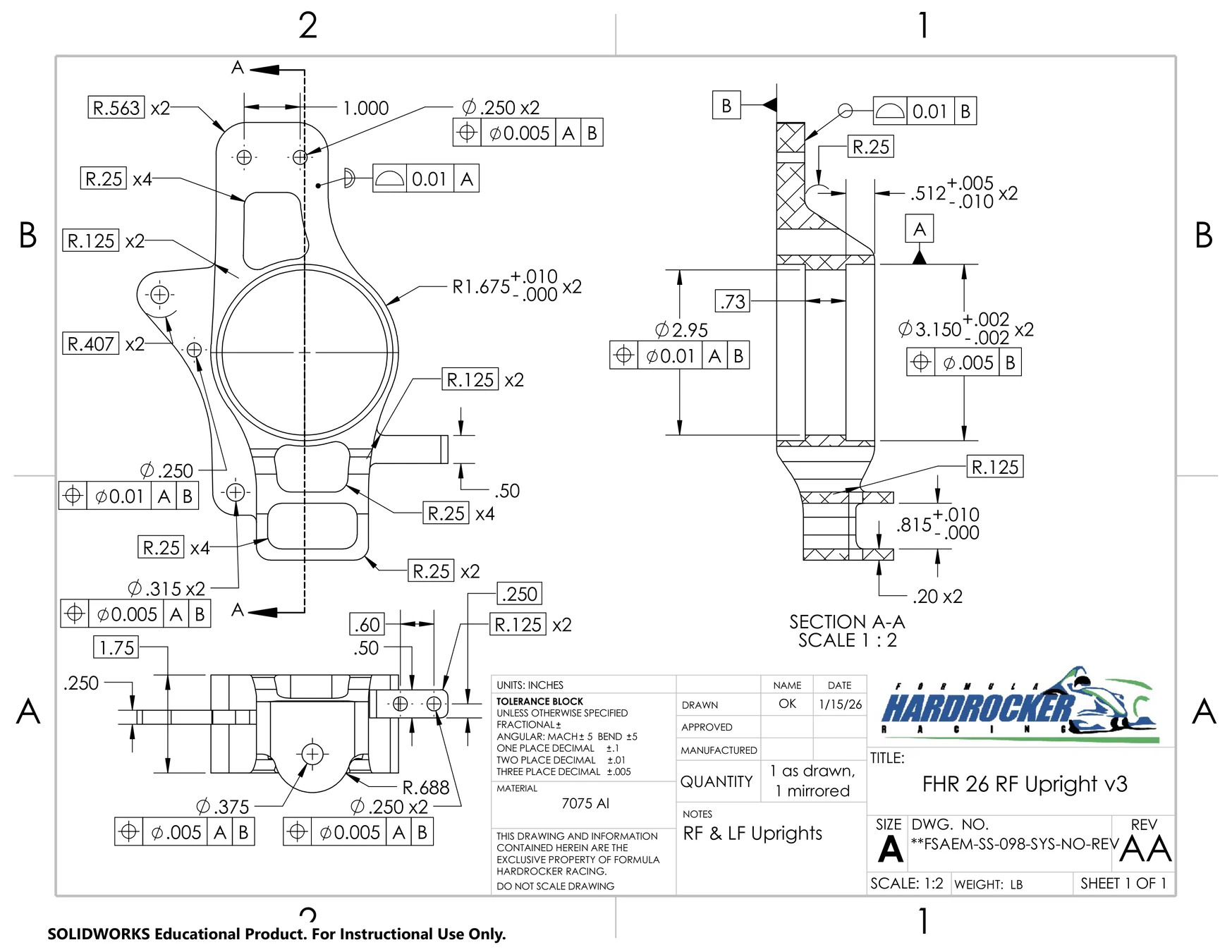 Manufacturing drawing for the 2026 Formula SAE right-front upright