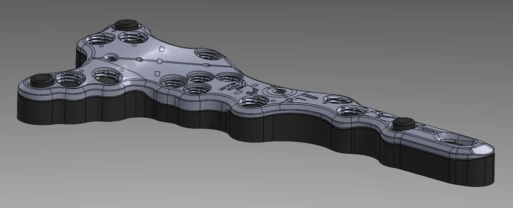 CAD model of an inspection gauge block around a fracture plate