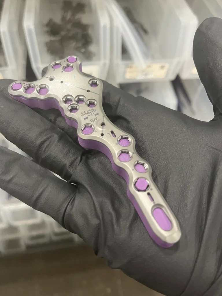 Completed plate and purple gauge template held in a gloved hand