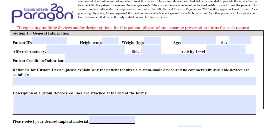 Blank prescription form populated through the application export workflow