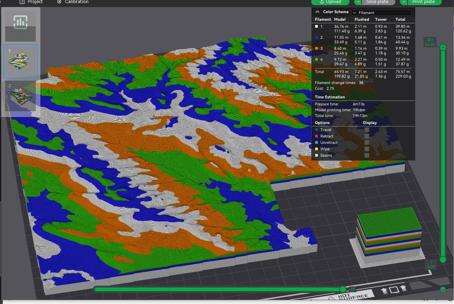 Terrain map divided into printable sections in slicing software