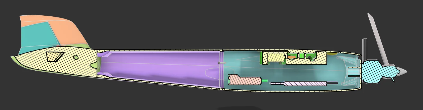 Longitudinal CAD section through the second RC airplane design