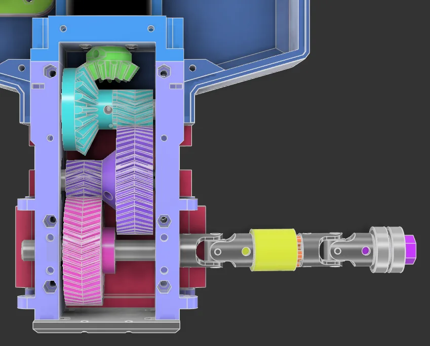 CAD cutaway of the final 14-to-1 RC car gearbox and driveline