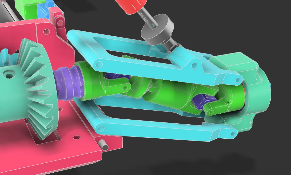 CAD view of printed universal joints in the RC car rear suspension