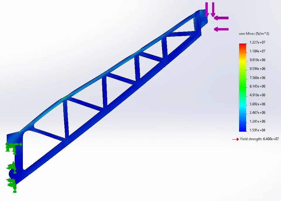 SolidWorks von Mises stress result for half of the bridge truss